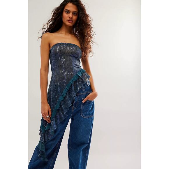 Free People Taylor Sequin Tube Top Varsity Navy - XL - Picture 2 of 4